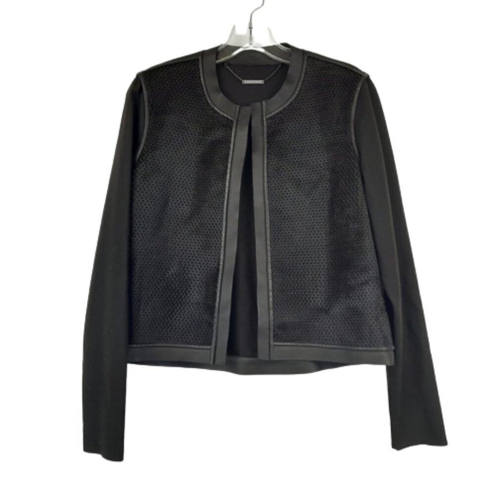 Elie Tahari Courtney black jacket dyed perforated calf leather wool blend size s
